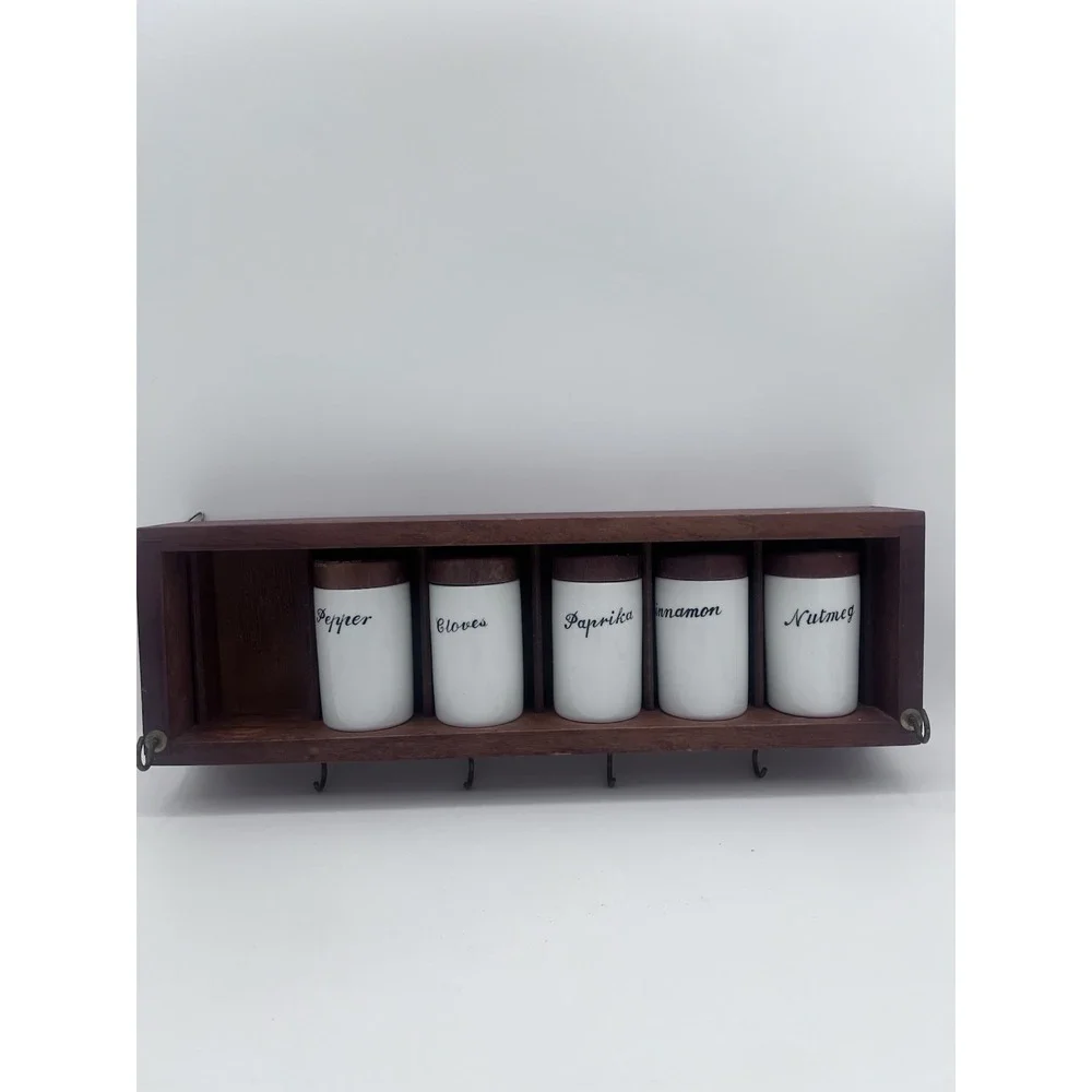 Vintage MCM Danish Modern‎ Wood and Porcelain Spice Rack
